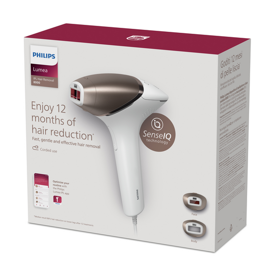 Depiladora IPL - Philips Lumea S8000 BRI945/00, Luz pulsada, Depilación permanente, 2 cabezales, Cara y cuerpo, 450.000 pulsos