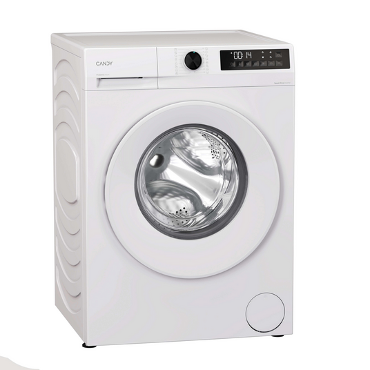 Lavadora blanca con puerta cerrada, pantalla en la parte superior.