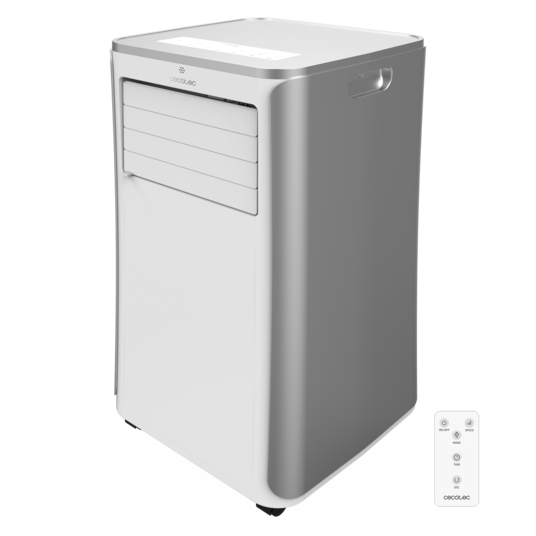 Aire acondicionado portátil blanco y plateado. Tiene rejillas, un asa y un panel de control. Un mando a distancia junto a él.