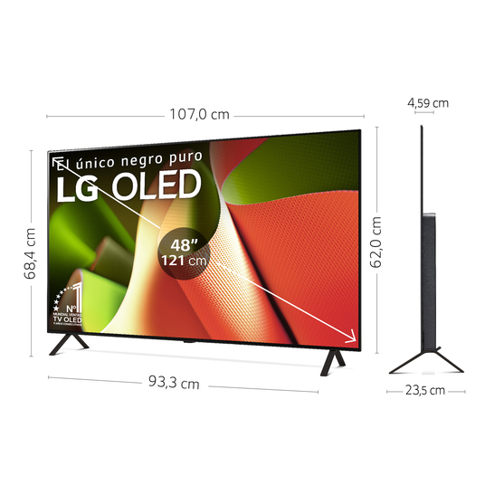 TV LG OLED con dimensiones mostradas. TV tiene una pantalla grande y un soporte.