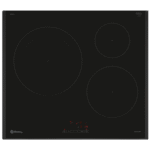 Placa de inducción Balay negra con tres zonas de cocción circulares y una pantalla digital roja.