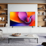 TV Hisense en una sala de estar, mostrando una obra de arte abstracta y colorida.