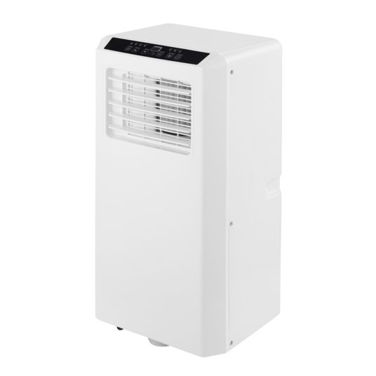 Un aire acondicionado portátil blanco. Es rectangular con un panel de control y una ventilación en la parte delantera.