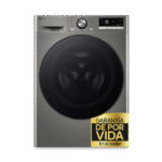 Lavadora LG en color gris oscuro. Tiene una puerta negra y un panel de control. Una pegatina de garantía es visible.