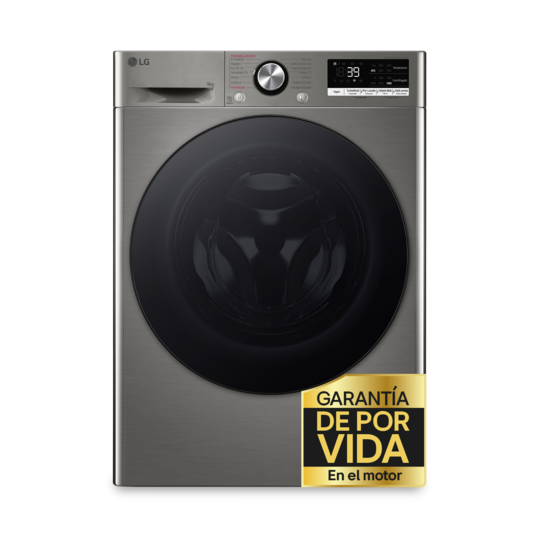 Lavadora LG en color gris oscuro. Tiene una puerta negra y un panel de control. Una pegatina de garantía es visible.
