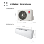 Diagrama mostrando las dimensiones de las unidades exterior e interior del aire acondicionado LG, blanco sobre blanco.