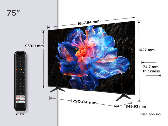 TV de 75 pulgadas, mando a distancia, dimensiones y puertos de conexión.
