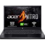 Portátil negro con el logo Acer Nitro, iconos Nvidia RTX y WiFi 6E en la pantalla, sobre fondo negro.