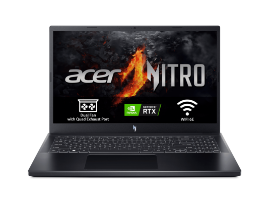 Portátil negro con el logo Acer Nitro, iconos Nvidia RTX y WiFi 6E en la pantalla, sobre fondo negro.