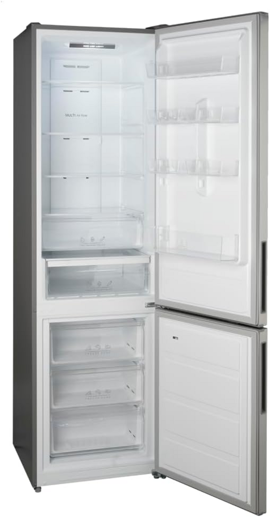 Refrigerador gris abierto con estantes y cajones, puerta abierta.