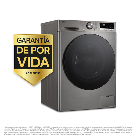 Lavadora LG con etiqueta de garantía. Es una máquina gris oscuro.