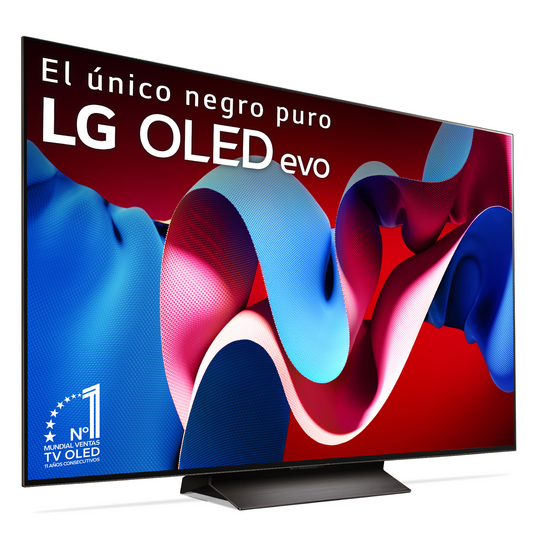 Televisor LG OLED evo con soporte negro, mostrando una imagen abstracta vibrante y colorida en la pantalla.