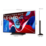 Televisor OLED grande con dimensiones. Muestra una imagen colorida en la pantalla.