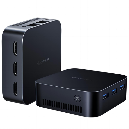 Dos pequeños dispositivos Blackview negros con puertos HDMI. Uno es un cubo y otro un rectángulo.