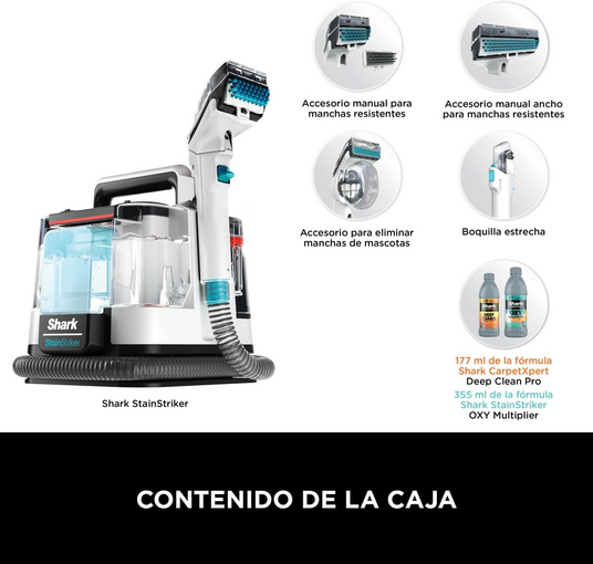 Shark StainStriker, que muestra varios accesorios, soluciones de limpieza y accesorios.
