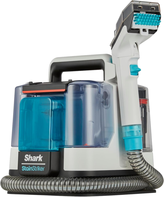 Primer plano del dispositivo Shark StainStriker con una manguera curva conectada.
