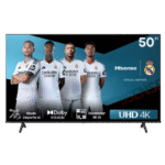 TV Hisense 50" con jugadores de fútbol, logos, fondo negro, y pantalla UHD 4K.