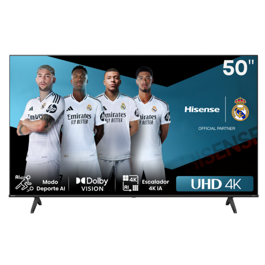 TV Hisense 50" con jugadores de fútbol, logos, fondo negro, y pantalla UHD 4K.