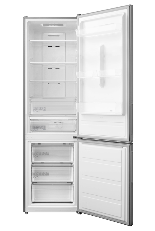 Refrigerador abierto, mostrando estantes y cajones. Etiquetas de la caja fresca visibles.
