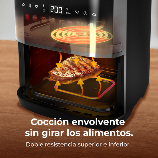 Una freidora de aire con un filete cocinándose dentro, con texto en español.