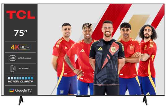 Pantalla de TV TCL de 75 pulgadas con cinco futbolistas. 4K HDR y logo de Google TV visibles.