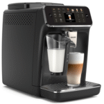 Cafetera Philips negra con espumador de leche e interfaz táctil.