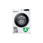 Lavadora blanca con puerta negra, etiqueta energética A-10% y garantía de motor 20 años.