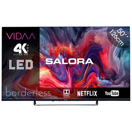 Un televisor negro grande con el nombre SALORA en la parte delantera.