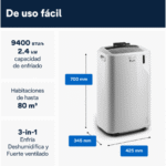 Aire acondicionado portátil blanco con dimensiones y especificaciones en español.