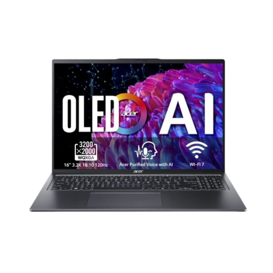 Portátil Acer con OLED, IA y Wi-Fi 7. Pantalla muestra texto.