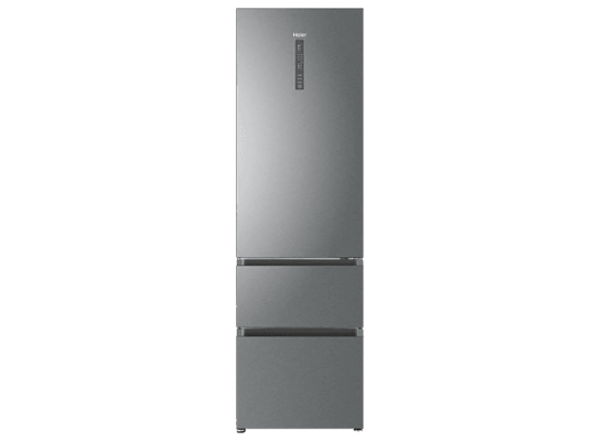 Refrigerador plateado con dos cajones. Tiene una pantalla digital en la puerta.