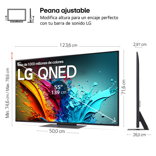 TV LG QNED con pantalla de bienvenida colorida. Se muestran las dimensiones. Tiene un soporte negro.