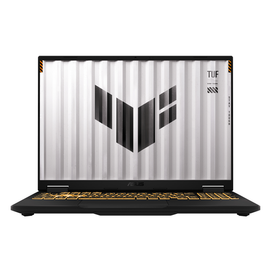 Un portátil negro con teclado iluminado en amarillo. Un logotipo blanco en la pantalla.