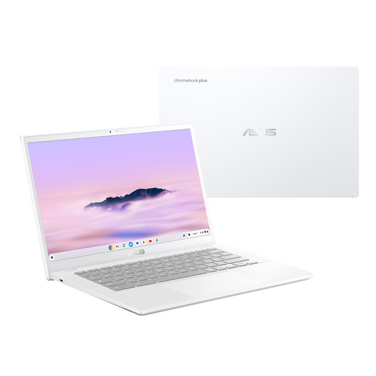 Portátil blanco Asus Chromebook Plus, abierto, y otro cerrado.
