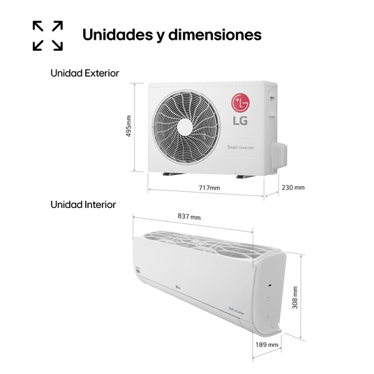 Diagrama de una unidad de aire acondicionado LG, que muestra las dimensiones exteriores e interiores en milímetros.
