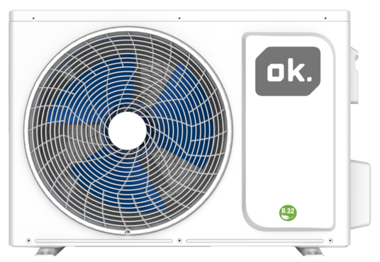 Unidad de aire acondicionado blanca con logo ok. y símbolo R-32.