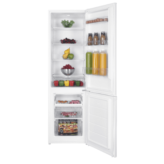 Un refrigerador blanco con la puerta abierta, lleno de alimentos. La puerta del congelador también está abierta.