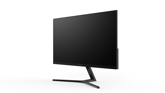 Monitor de computadora negro con soporte delgado, sobre fondo blanco.