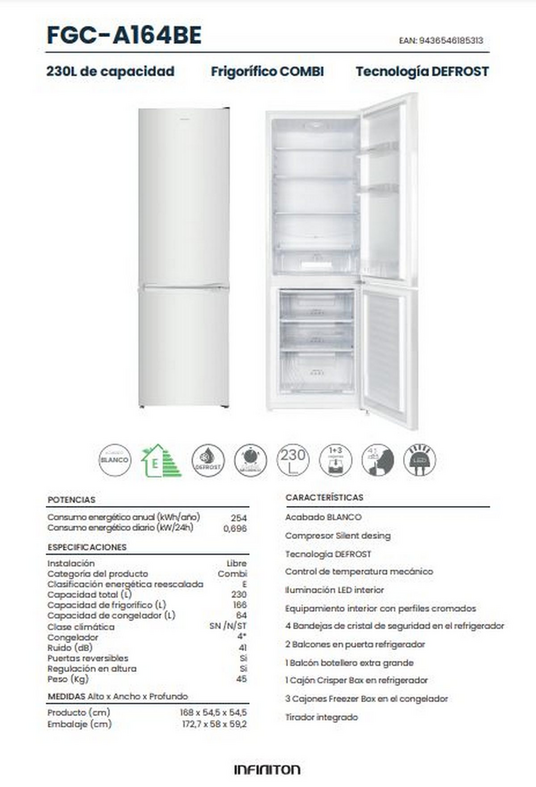Frigorifico Combi - INFINITON FGC-A164BE, Ciclico, Altura 168 cm, Capacidad 230 l, Blanco