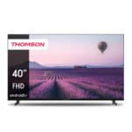 Un televisor Android FHD de 40" con un campo de lavanda y un globo aerostático en el fondo.