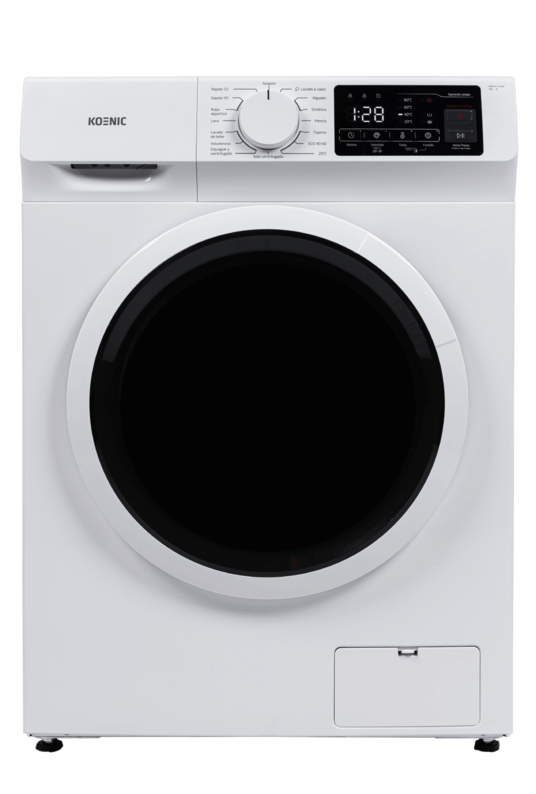 Una lavadora blanca con puerta negra y pantalla digital en la parte superior.