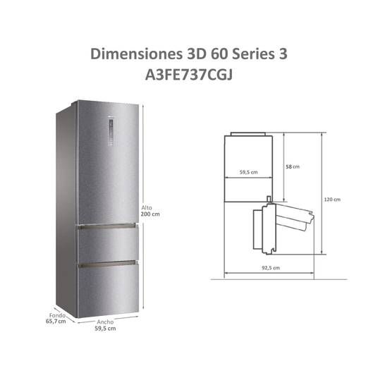 Un esquema de refrigerador que muestra las dimensiones: 200 cm de alto, 59,5 cm de ancho y 65,7 cm de profundidad, en un dibujo técnico.