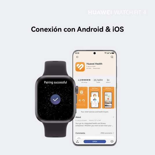 Un smartwatch muestra la aplicación Huawei Health, conectándose a Android e iOS.
